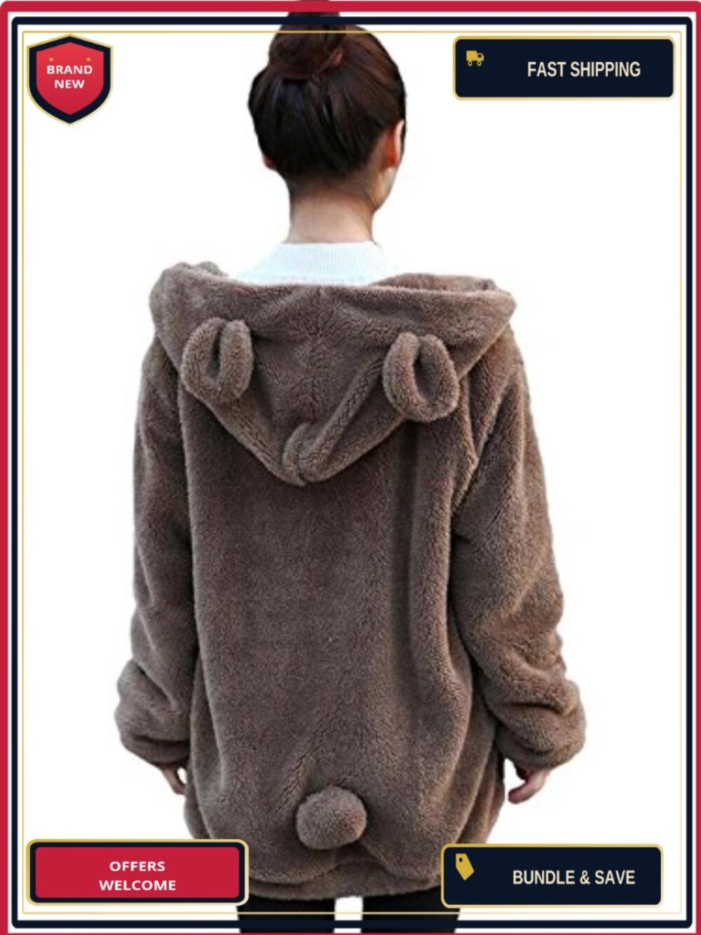 Faux Sherpa Animal Ears Tail Hoodie Oversized Zip Cosplay